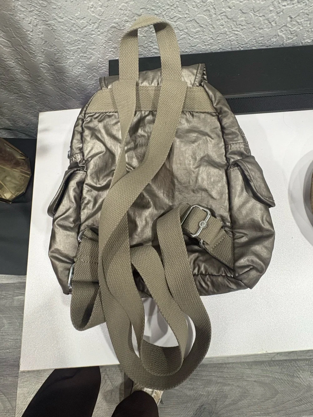Kipling Metallic Silver Nylon Backpack with Monkey Charm